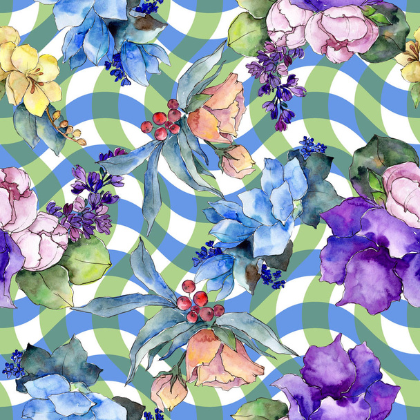 Watercolor colorful bouquet tropical flower. Floral botanical flower. Seamless background pattern. Fabric wallpaper print texture.Aquarelle wildflower for background, texture, wrapper pattern. - Foto, imagen