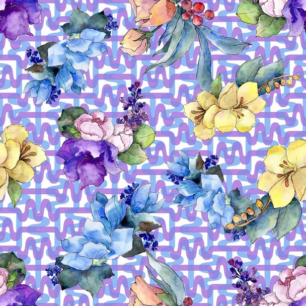 Watercolor colorful bouquet tropical flower. Floral botanical flower. Seamless background pattern. Fabric wallpaper print texture.Aquarelle wildflower for background, texture, wrapper pattern. - Foto, imagen