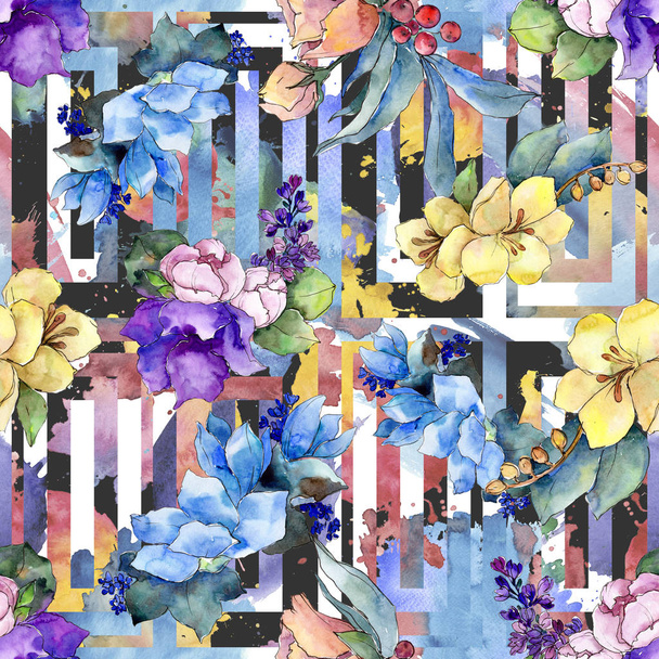 熱帯の花を水彩画のカラフルな花束。花植物の花。シームレスな背景パターン。壁紙印刷手触りの生地。背景、テクスチャ、ラッパー パターン aquarelle ワイルドフラワー. - 写真・画像