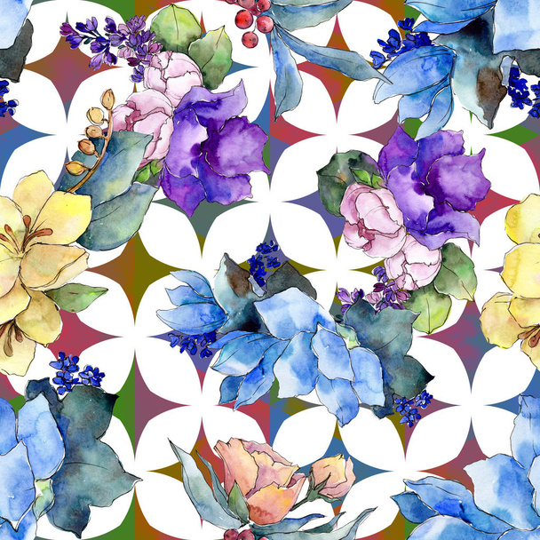 Akvarell színes csokor trópusi virág. Virágos botanikai virág. Varratmentes háttérben minta. Szövet nyomtatási textúrát. A háttér, a textúra, a burkoló minta Aquarelle vadvirág. - Fotó, kép