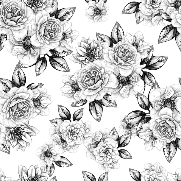 Seamless vintage style flower pattern. Floral elements in black and white. - Вектор,изображение