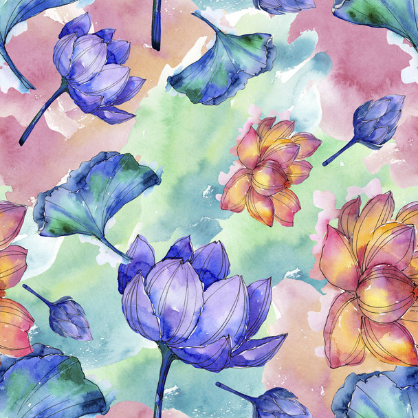 Wildflower watercolor colorful lotus flower. Floral botanical flower. Seamless background pattern. Fabric wallpaper print texture. Aquarelle wildflower for background, texture, wrapper pattern. - Photo, image