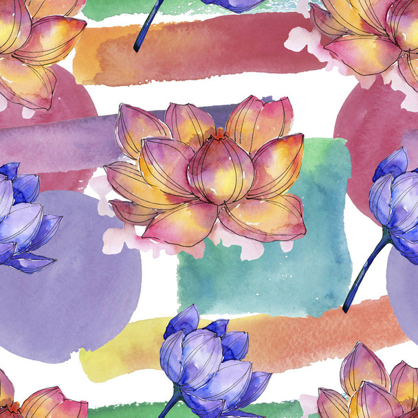 Wildflower watercolor colorful lotus flower. Floral botanical flower. Seamless background pattern. Fabric wallpaper print texture. Aquarelle wildflower for background, texture, wrapper pattern. - Photo, Image