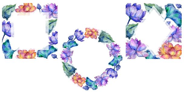 Wildflower aquarel kleurrijke lotusbloem. Floral botanische bloem. Frame grens ornament vierkant. Aquarelle wildflower voor achtergrond, textuur, wrapper patroon, frame of rand. - Foto, afbeelding