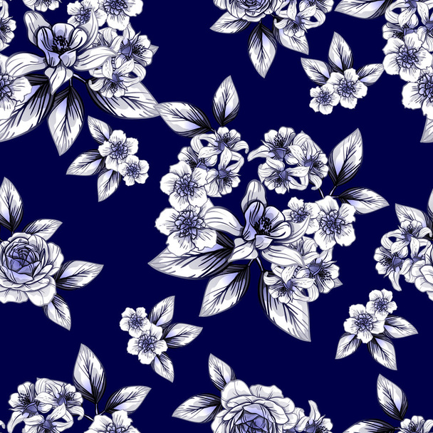 Seamless vintage style dark blue flower pattern. Floral elements. - Vektori, kuva