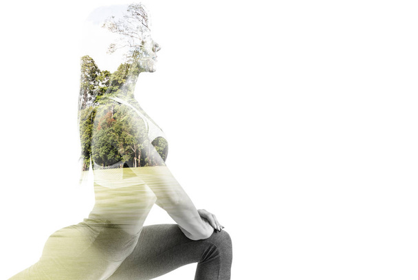 Double exposure of young sporty woman and nature. - Foto, afbeelding