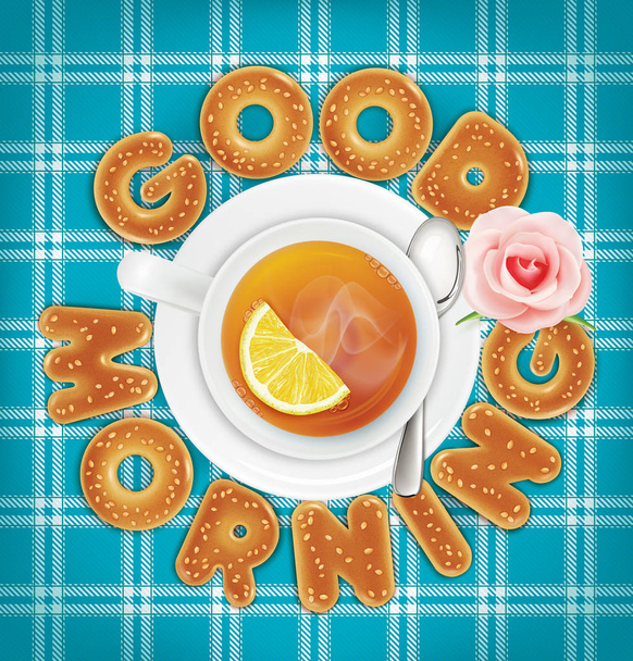 "Good morning" of cookies, a cup of tea with lemon, rose on a tablecloth. Vector illustration - Vector, Image