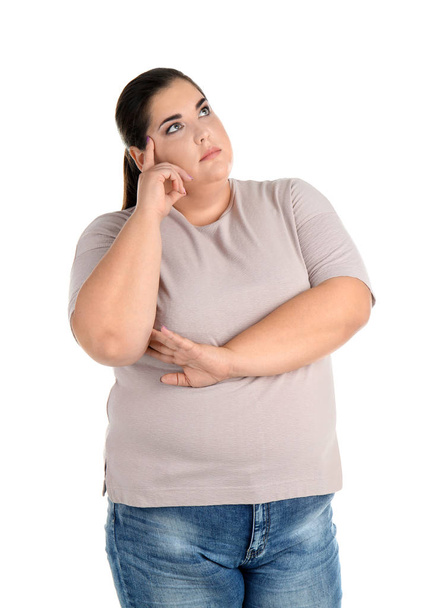 Portrait of overweight woman on white background - Foto, afbeelding