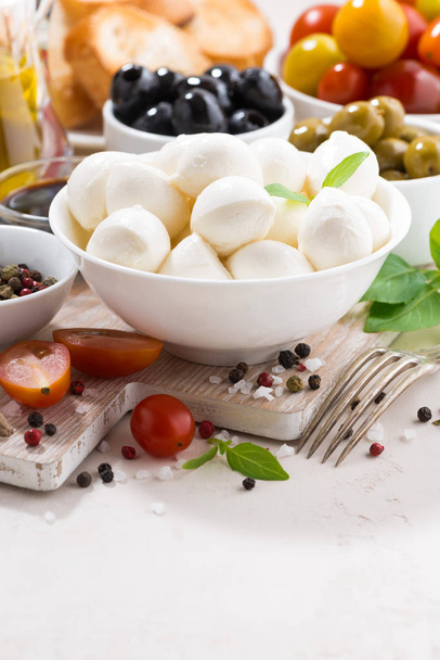ingredients for salad with mozzarella, vertical, closeup - Фото, зображення