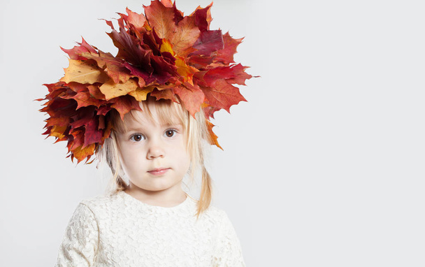 Cute little girl with autumn leaves on background with copy space - Foto, Imagen