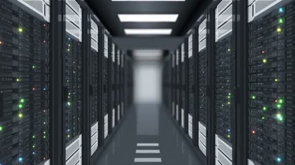 Looped Motion Through the Server Racks in Data Center DOF Blur. Beautiful Seamless 3d Animation with Flickering Computer Lights. Big Data Cloud Technology Concept. 4k Ultra HD 3840x2160. - Footage, Video
