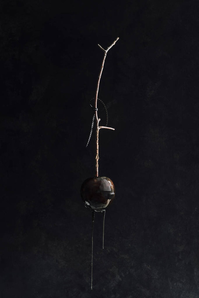 Таємниче карамелізоване чорне яблуко, що спирається на карамель і підвішене в повітрі в темному середовищі, концепція Хеллоуїна
 - Фото, зображення