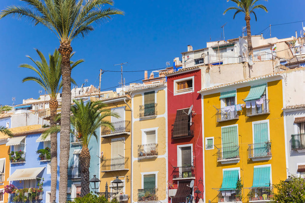 Renkli evler ve palmiye ağaçları Villajoyosa, İspanya - Fotoğraf, Görsel