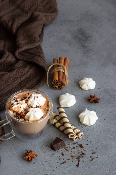 Hot chocolate cocoa drink in glass mug with marshmallows candies, cinnamon sticks, anise, chocolate and waffles. Copy space. Winter food and drink concept. - Foto, afbeelding