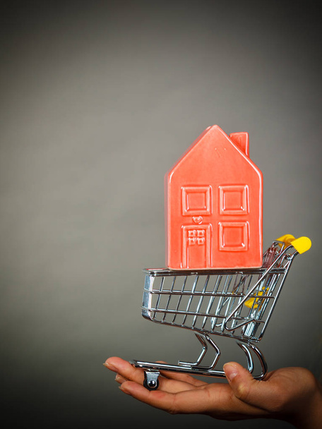 Buying property or home, real estate investment concept. Woman hand holding shopping cart with house inside - Foto, Imagen