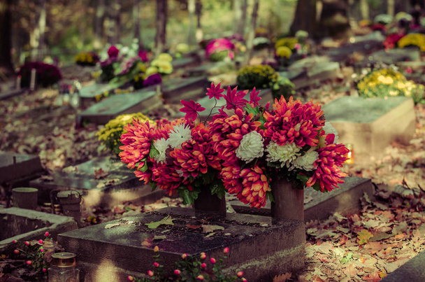 τάφοι με όλη την ημέρα Αγίου διακόσμηση και τα φύλλα σε φθινοπωρινή ατμόσφαιρα - Φωτογραφία, εικόνα