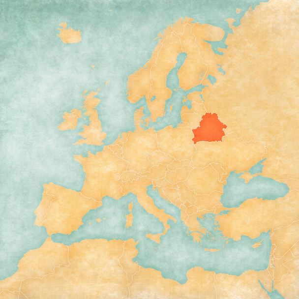 Λευκορωσία στο χάρτη της Ευρώπης με μαλακό grunge και vintage στυλ, όπως το παλιό χαρτί με ζωγραφική με νερομπογιές.  - Φωτογραφία, εικόνα