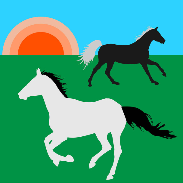Лошади на лугу под солнцем
 - Вектор,изображение