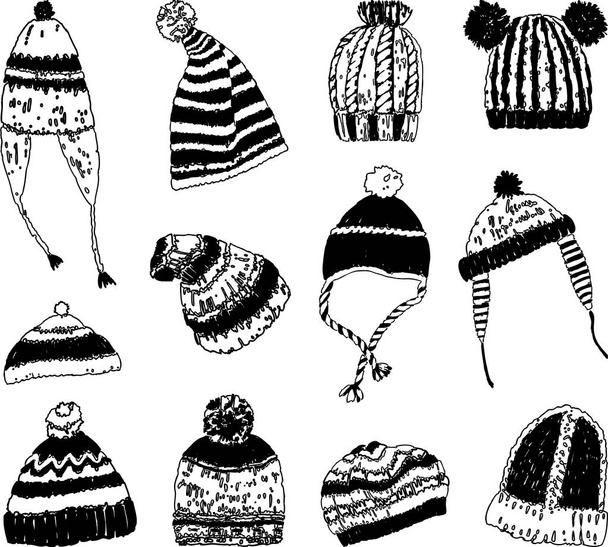 Set of knitted winter caps - Vector, Image