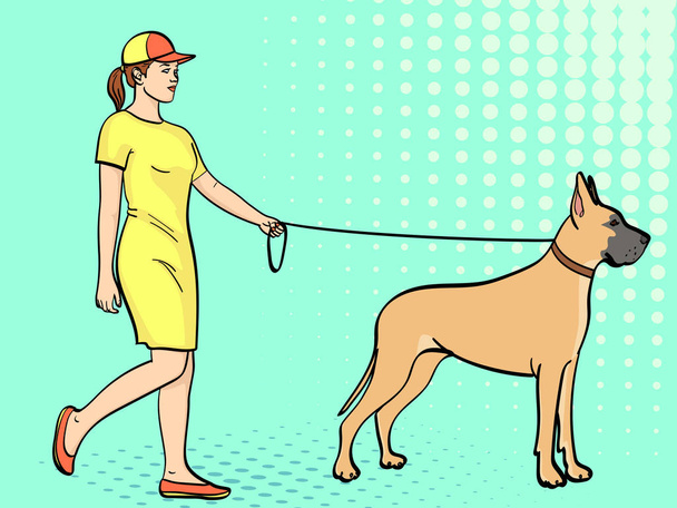Fondo de arte pop. Una mujer con un vestido deportivo, camina una mascota con una correa. Gran raza danesa de perro doméstico. Vintage, estilo cómico, vector
 - Vector, imagen
