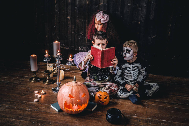 Ομάδα χαριτωμένο πολυφυλετικής παιδιών σε τρομακτικό κοστούμια Διαβάζοντας ιστορίες τρόμου σε ένα παλιό σπίτι, κατά τη διάρκεια αποκριών κόμμα.  - Φωτογραφία, εικόνα