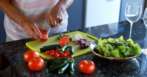 Senior couple chopping vegetables in kitchen at home 4k - Séquence, vidéo