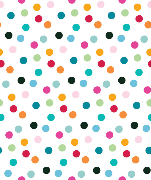 Vector colorful dots seamless modern pattern background. Tossed repeat in green, pink, red, aquamarine, blue, black colors on a white background. Ideal for quilts, scrapbooks, fabrics and crafts - Vector, Image