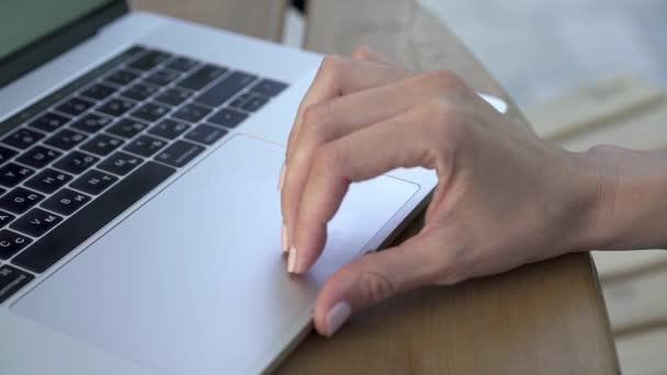 Χέρι της νεαρής γυναίκας που χρησιμοποιούν φορητό υπολογιστή touchpad ενώ εργάζονται - Πλάνα, βίντεο