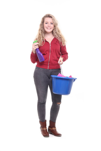 Blonde girl with cleaning products - Fotó, kép