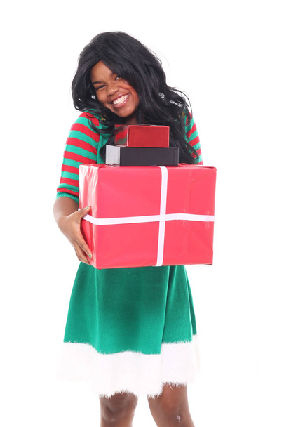 Beautiful afro-american woman with christmas gifts - Fotografie, Obrázek