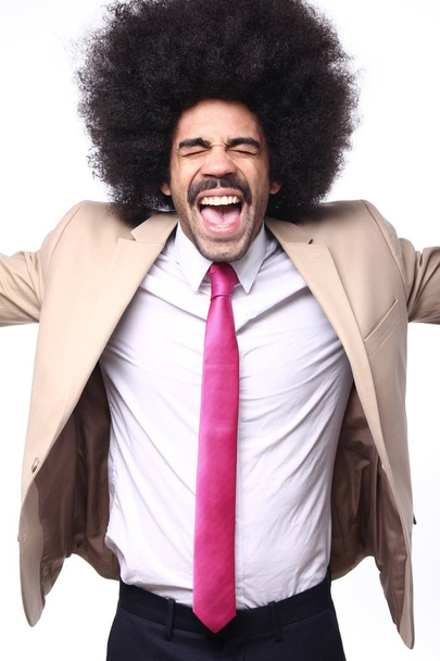 Screaming black businessman on white background - Foto, Imagem