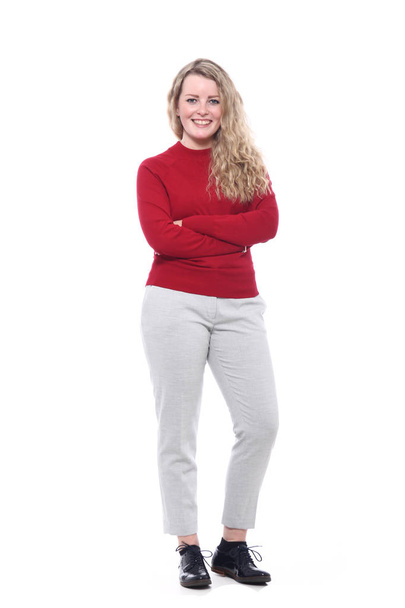 Smiling blonde woman on white background - Foto, imagen