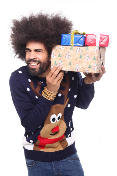 Happy black man with gift boxes - Foto, Imagen