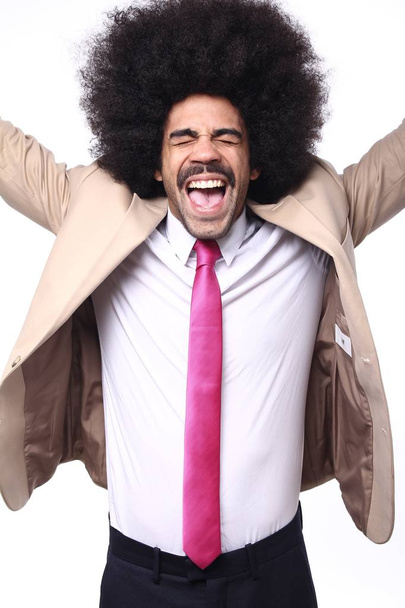 Screaming black businessman on white background - Foto, Bild