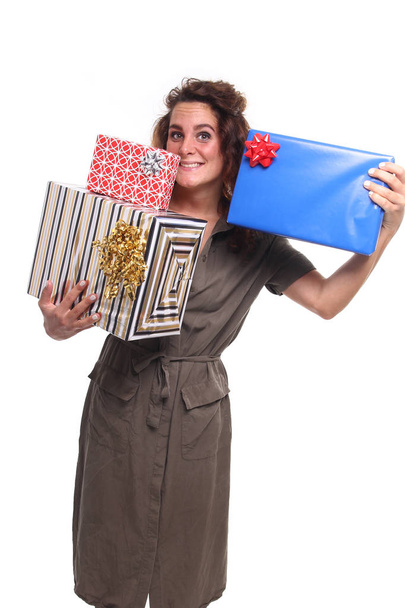 Beautiful girl with holiday gifts - Foto, Imagem