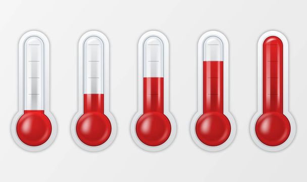 Vector realistic 3d glass meteorology, weather thermometer scale sign icon set closeup isolated on white background. Clip art, design template for graphics. Thermometers with different levels and - Vektori, kuva