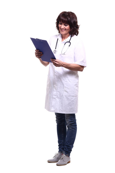 Happy female doctor with stethoscope and folder - Foto, imagen