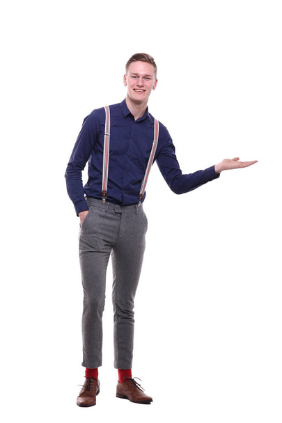 Caucasian young man is gesticulating with hand - Foto, afbeelding