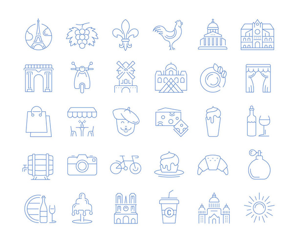 Setzen Sie Vektorzeilensymbole im flachen Design in Frankreich, Paris und Europa mit Elementen für mobile Konzepte und Web-Apps. Sammlung modernes Infografik-Logo und Piktogramm. - Vektor, Bild