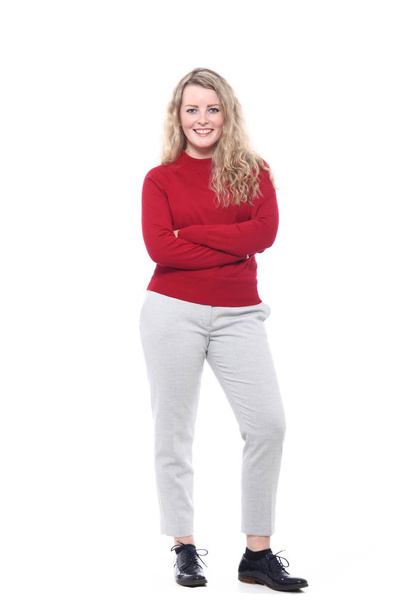 Smiling blonde woman on white background - Fotó, kép