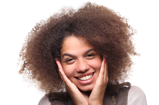 Happy young black woman on white background - Fotografie, Obrázek