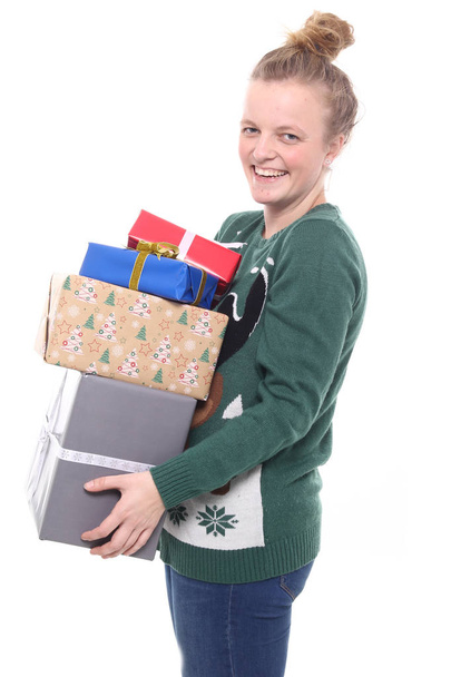 Beautiful girl with holiday gifts - Foto, afbeelding