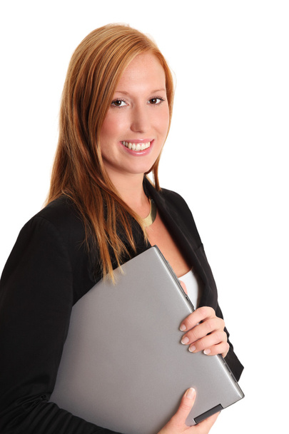Smiling woman with computer - Фото, зображення