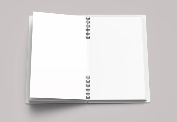 White hard cover open notebook on pale pinkish gray background in 3d rendering, top view - Fotó, kép