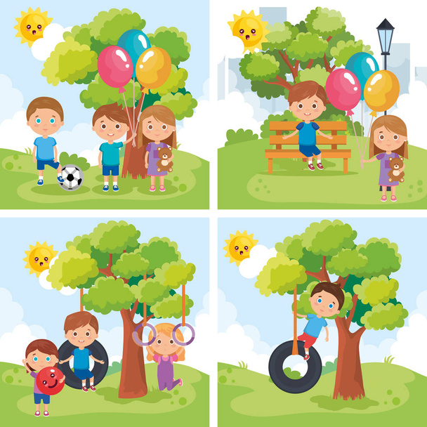 little kids group playing on the park - Vector, Image