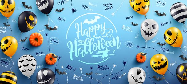 Happy Halloween Lettering on Blue Background with Halloween Ghost Balloons.Scary air balloons.Website spooky,Background or banner Halloween template.Vector illustration EPS10 - Vector, Image