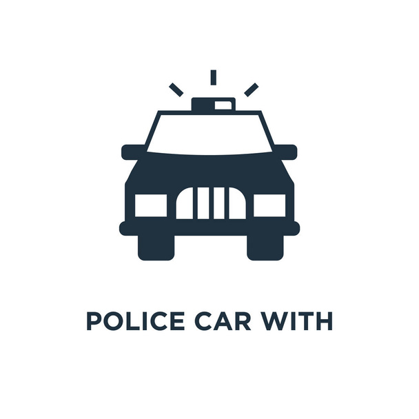 Police car with Lights icon. Black filled vector illustration. Police car with Lights symbol on white background. Can be used in web and mobile. - Vector, Image