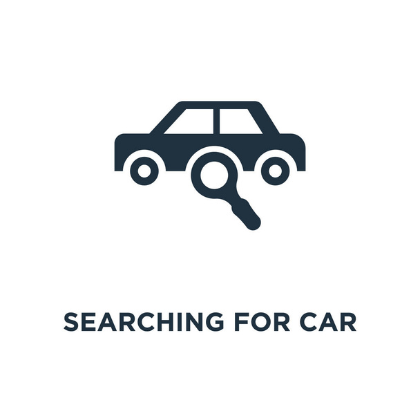 Searching for car icon. Black filled vector illustration. Searching for car symbol on white background. Can be used in web and mobile. - Vector, Image