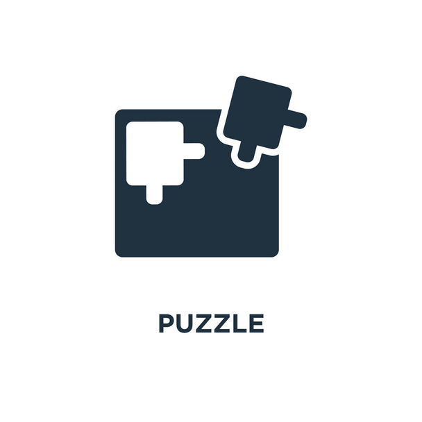 Puzzle ikonra. Fekete töltött vektoros illusztráció. Puzzle szimbólum fehér háttérrel. Használható web és mobil. - Vektor, kép
