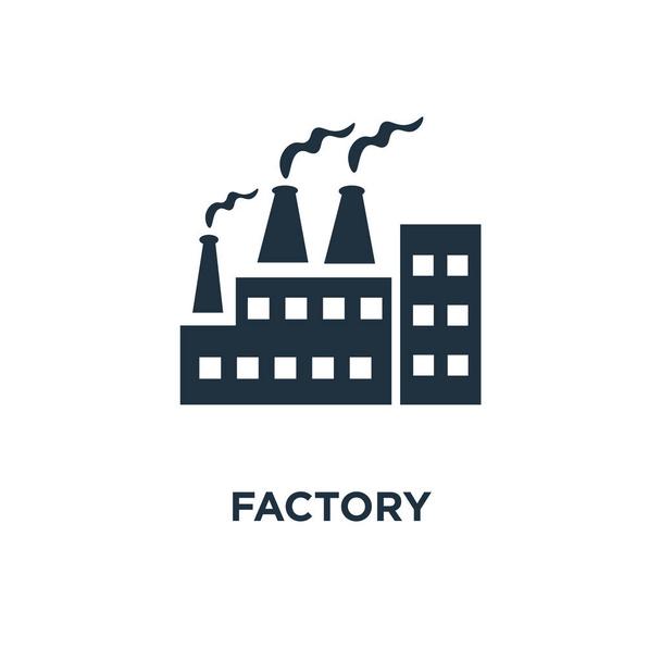 Het pictogram van de fabriek. Zwarte gevuld vectorillustratie. Fabriek symbool op witte achtergrond. Kan worden gebruikt in web en mobiele. - Vector, afbeelding